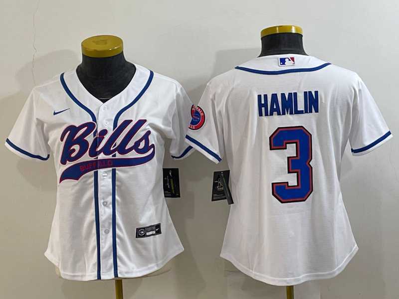 Womens Buffalo Bills #3 Damar Hamlin White With Patch Cool Base Stitched Baseball Jersey